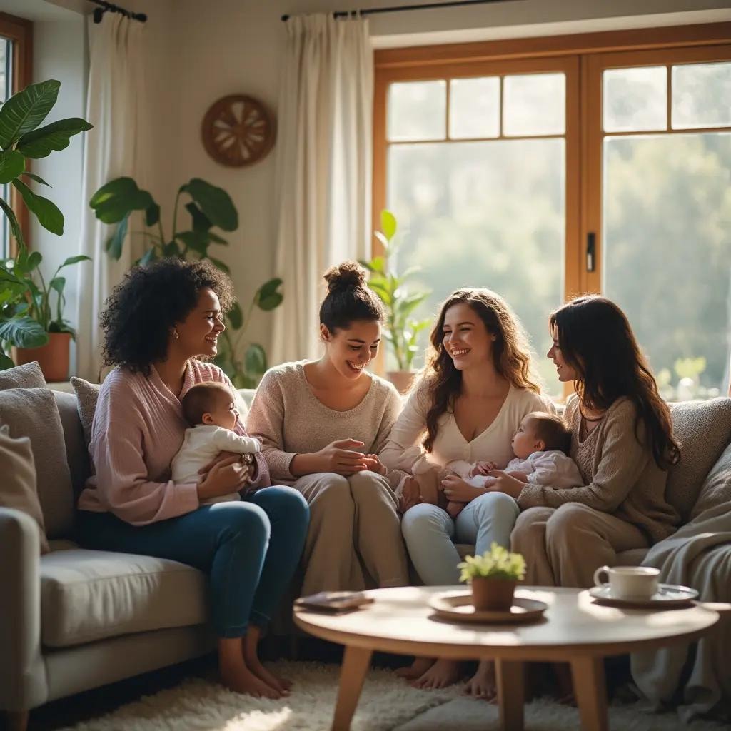 Quattro mamme che conversano e sorridono insieme con i loro bambini in un ambiente accogliente